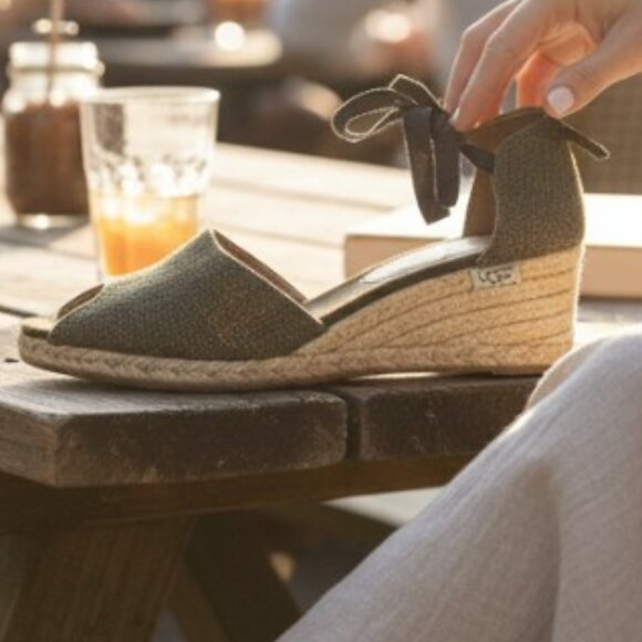 UGG Delmar Olive and Natural Jute Styling Espadrille Wedge, Size 7 - Picture 1 of 10